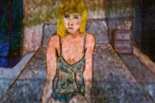 alt= illustration woman sitting on bed in bedroom.