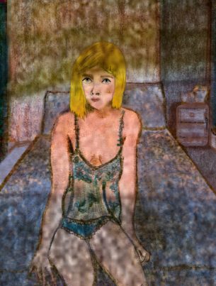 alt= illustration woman sitting on bed in bedroom.