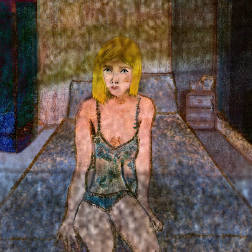 alt= illustration woman sitting on bed in bedroom.