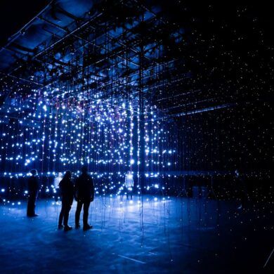alt= Photo Installation NOWISWHENWEARE (the stars) Andrew Schneider at Rambert Studio.